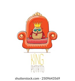 vector funny cartoon cute brown smiling king potato with golden royal crown and red mantle or cape sitting on orange throne isolated on white background. vegetable funky food drawn character