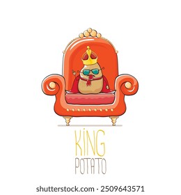 vector funny cartoon cute brown smiling king potato with golden royal crown and red mantle or cape sitting on orange throne isolated on white background. vegetable funky food drawn character