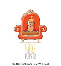 vector funny cartoon cute brown smiling king potato with golden royal crown and red mantle or cape sitting on orange throne isolated on white background. vegetable funky food drawn character