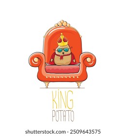 vector funny cartoon cute brown smiling king potato with golden royal crown and red mantle or cape sitting on orange throne isolated on white background. vegetable funky food drawn character