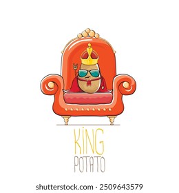 vector funny cartoon cute brown smiling king potato with golden royal crown and red mantle or cape sitting on orange throne isolated on white background. vegetable funky food drawn character