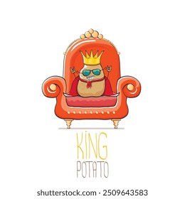 vector funny cartoon cute brown smiling king potato with golden royal crown and red mantle or cape sitting on orange throne isolated on white background. vegetable funky food drawn character