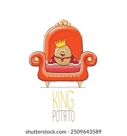 vector funny cartoon cute brown smiling king potato with golden royal crown and red mantle or cape sitting on orange throne isolated on white background. vegetable funky food drawn character