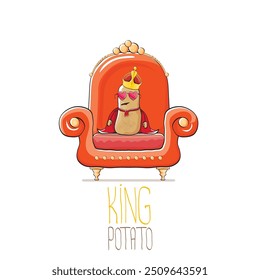 vector funny cartoon cute brown smiling king potato with golden royal crown and red mantle or cape sitting on orange throne isolated on white background. vegetable funky food drawn character