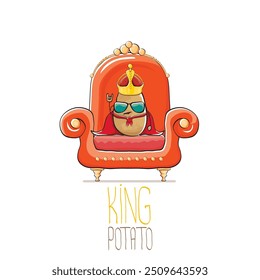 vector funny cartoon cute brown smiling king potato with golden royal crown and red mantle or cape sitting on orange throne isolated on white background. vegetable funky food drawn character