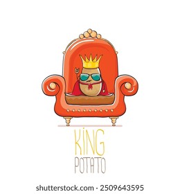 vector funny cartoon cute brown smiling king potato with golden royal crown and red mantle or cape sitting on orange throne isolated on white background. vegetable funky food drawn character