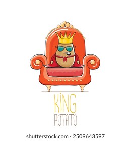 vector funny cartoon cute brown smiling king potato with golden royal crown and red mantle or cape sitting on orange throne isolated on white background. vegetable funky food drawn character