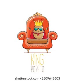 vector funny cartoon cute brown smiling king potato with golden royal crown and red mantle or cape sitting on orange throne isolated on white background. vegetable funky food drawn character