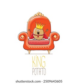 vector funny cartoon cute brown smiling king potato with golden royal crown and red mantle or cape sitting on orange throne isolated on white background. vegetable funky food drawn character