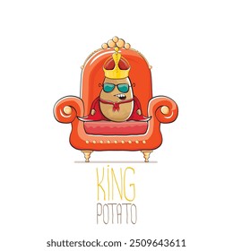 vector funny cartoon cute brown smiling king potato with golden royal crown and red mantle or cape sitting on orange throne isolated on white background. vegetable funky food drawn character