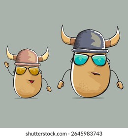 vector funny cartoon cute brown super hero Viking potato with viking helmet isolated on grey background. My name is potato vector concept. Super vegetable funky Viking character