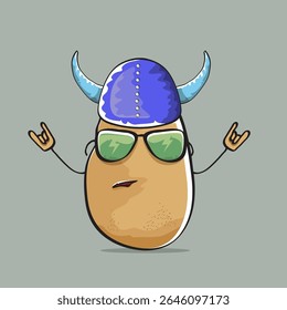 vector funny cartoon cute brown super hero Viking potato with viking helmet isolated on grey background. My name is potato vector concept. Super vegetable funky Viking character