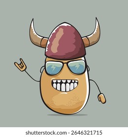 vector funny cartoon cute brown super hero Viking potato with viking helmet isolated on grey background. My name is potato vector concept. Super vegetable funky Viking character