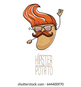 vector funny cartoon cute brown hipster potato isolated on white background. My name is potato vector concept. vegetable funky character