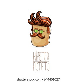 vector funny cartoon cute brown hipster potato isolated on white background. My name is potato vector concept. vegetable funky character