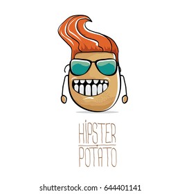 vector funny cartoon cute brown hipster potato isolated on white background. My name is potato vector concept. vegetable funky character