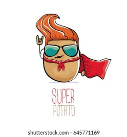 vector funny cartoon cute brown super hero potato with red hero cape isolated on white background. My name is potato vector concept. super vegetable funky character