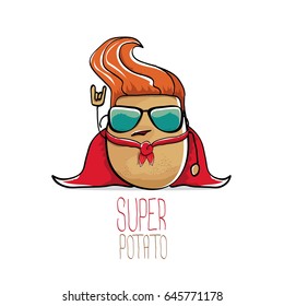 vector funny cartoon cute brown super hero potato with red hero cape isolated on white background. My name is potato vector concept. super vegetable funky character