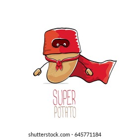 vector funny cartoon cute brown super hero potato with red hero cape isolated on white background. My name is potato vector concept. super vegetable funky character