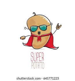 vector funny cartoon cute brown super hero potato with red hero cape isolated on white background. My name is potato vector concept. super vegetable funky character