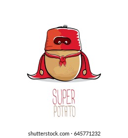 vector funny cartoon cute brown super hero potato with red hero cape isolated on white background. My name is potato vector concept. super vegetable funky character