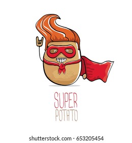 vector funny cartoon cute brown super hero potato with red hero cape isolated on white background. My name is potato vector concept. super vegetable funky character