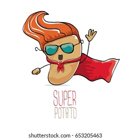 vector funny cartoon cute brown super hero potato with red hero cape isolated on white background. My name is potato vector concept. super vegetable funky character