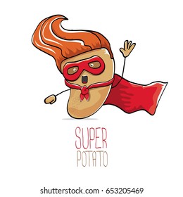 vector funny cartoon cute brown super hero potato with red hero cape isolated on white background. My name is potato vector concept. super vegetable funky character