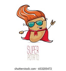 vector funny cartoon cute brown super hero potato with red hero cape isolated on white background. My name is potato vector concept. super vegetable funky character