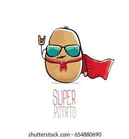vector funny cartoon cute brown super hero potato with red hero cape isolated on white background. My name is potato vector concept. super vegetable funky character