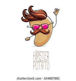 vector funny cartoon cute brown hipster potato isolated on white background. My name is potato vector concept. vegetable funky character