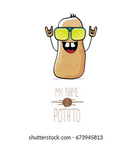 caricatura vectorial linda patata marrón aislada en fondo blanco. Mi nombre es potato