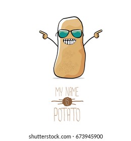 vector funny cartoon cute brown potato isolated on white background. My name is potato