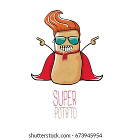 vector funny cartoon cute brown super hero potato with red hero cape isolated on white background. My name is potato vector concept. super vegetable funky character