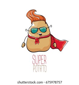vector funny cartoon cute brown super hero potato with red hero cape isolated on white background. My name is potato vector concept. super vegetable funky character