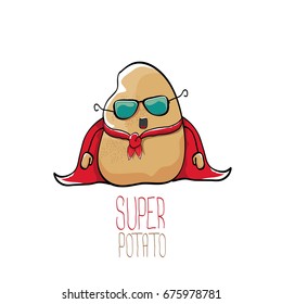 vector funny cartoon cute brown super hero potato with red hero cape isolated on white background. My name is potato vector concept. super vegetable funky character