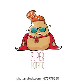 vector funny cartoon cute brown super hero potato with red hero cape isolated on white background. My name is potato vector concept. super vegetable funky character