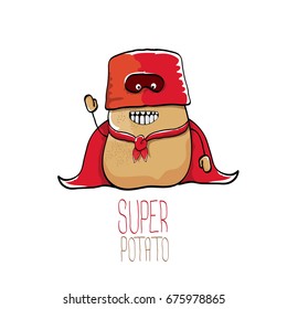 vector funny cartoon cute brown super hero potato with red hero cape isolated on white background. My name is potato vector concept. super vegetable funky character