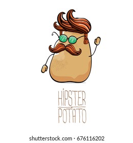 vector funny cartoon cute brown hipster potato isolated on white background. My name is potato vector concept. vegetable funky character