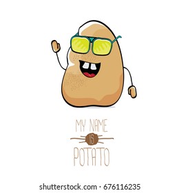 vector funny cartoon cute brown potato isolated on white background. My name is potato