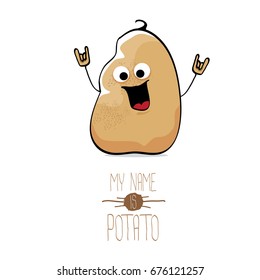 vector funny cartoon cute brown potato isolated on white background. My name is potato