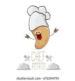 vector funny cartoon cute brown chef potato isolated on white background. My name is potato vector concept. vegetable funky character with chef hat