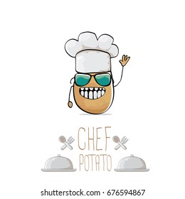 vector funny cartoon cute brown chef potato isolated on white background. My name is potato vector concept. vegetable funky character with chef hat
