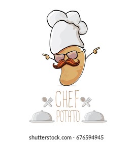 vector funny cartoon cute brown chef potato isolated on white background. My name is potato vector concept. vegetable funky character with chef hat