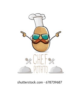 vector funny cartoon cute brown chef potato isolated on white background. My name is potato vector concept. vegetable funky character with chef hat