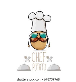 vector funny cartoon cute brown chef potato isolated on white background. My name is potato vector concept. vegetable funky character with chef hat