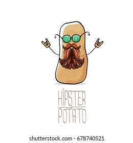 vector funny cartoon cute brown hipster potato isolated on white background. My name is potato vector concept. vegetable funky character
