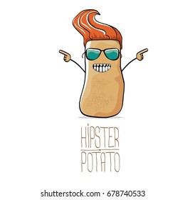 vector funny cartoon cute brown hipster potato isolated on white background. My name is potato vector concept. vegetable funky character