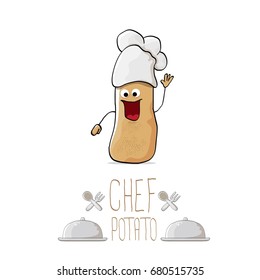 vector funny cartoon cute brown chef potato isolated on white background. My name is potato vector concept. vegetable funky character with chef hat