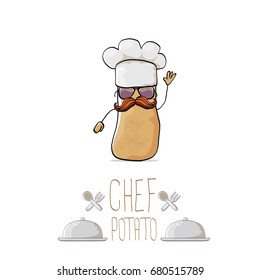 vector funny cartoon cute brown chef potato isolated on white background. My name is potato vector concept. vegetable funky character with chef hat